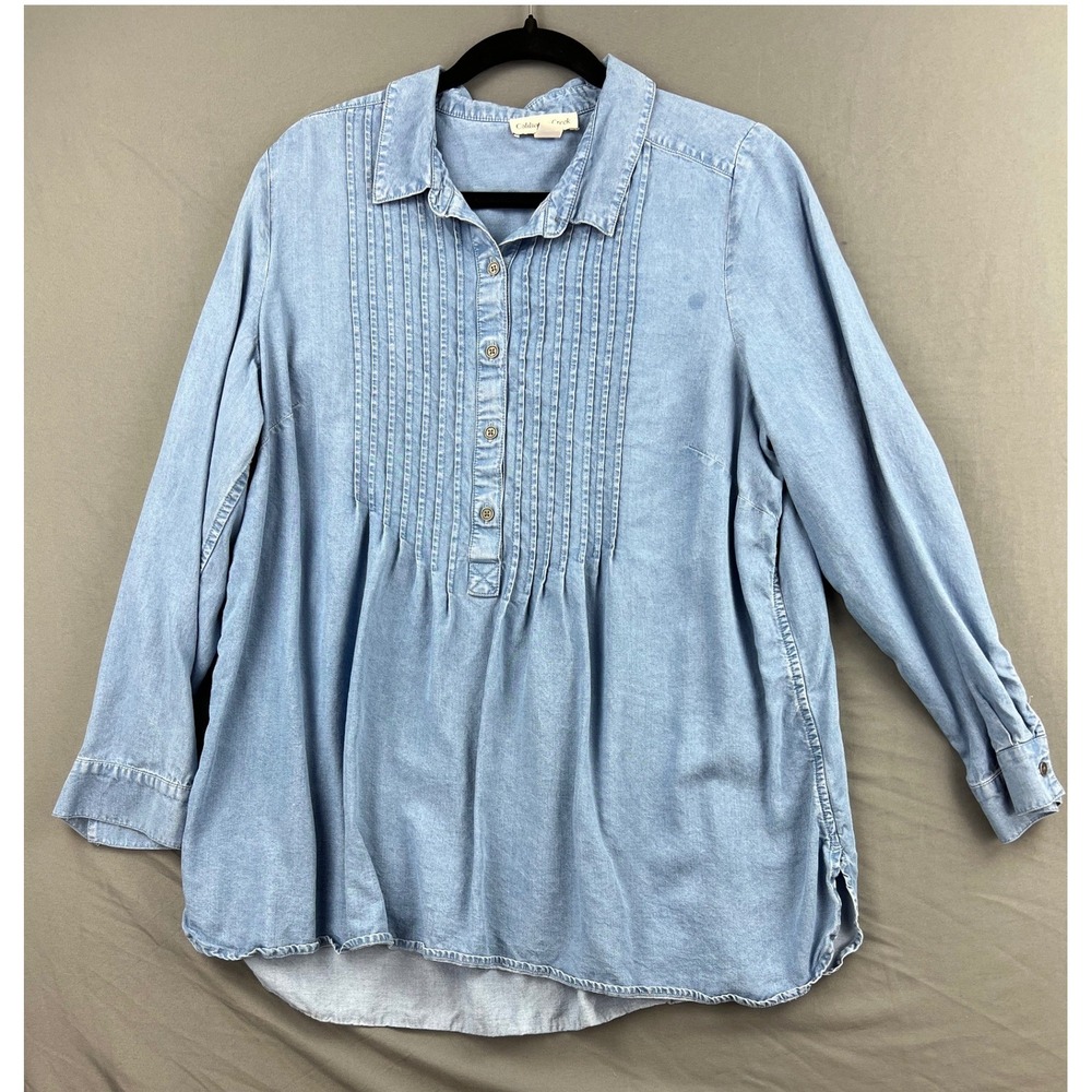Coldwater Creek Pintuck Chambray Tunic Women 1X Blue Long Sleeve Cotton Top Good